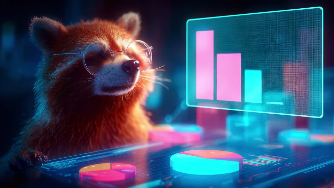 A Clever Raccoon Analyzing Data with Smart Glasses in a Colorful Digital Environment, Observing Trend Charts and Graphs Displayed on a Futuristic Interface
