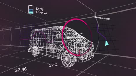 Animation-of-changing-numbers-in-circle,-battery-icon,-arrow-on-map-pattern-over-3d-model-of-van