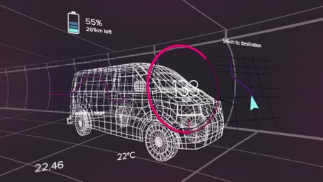 animación de números cambiantes en círculo, icono de batería, flecha en el patrón del mapa sobre el modelo 3d de la furgoneta