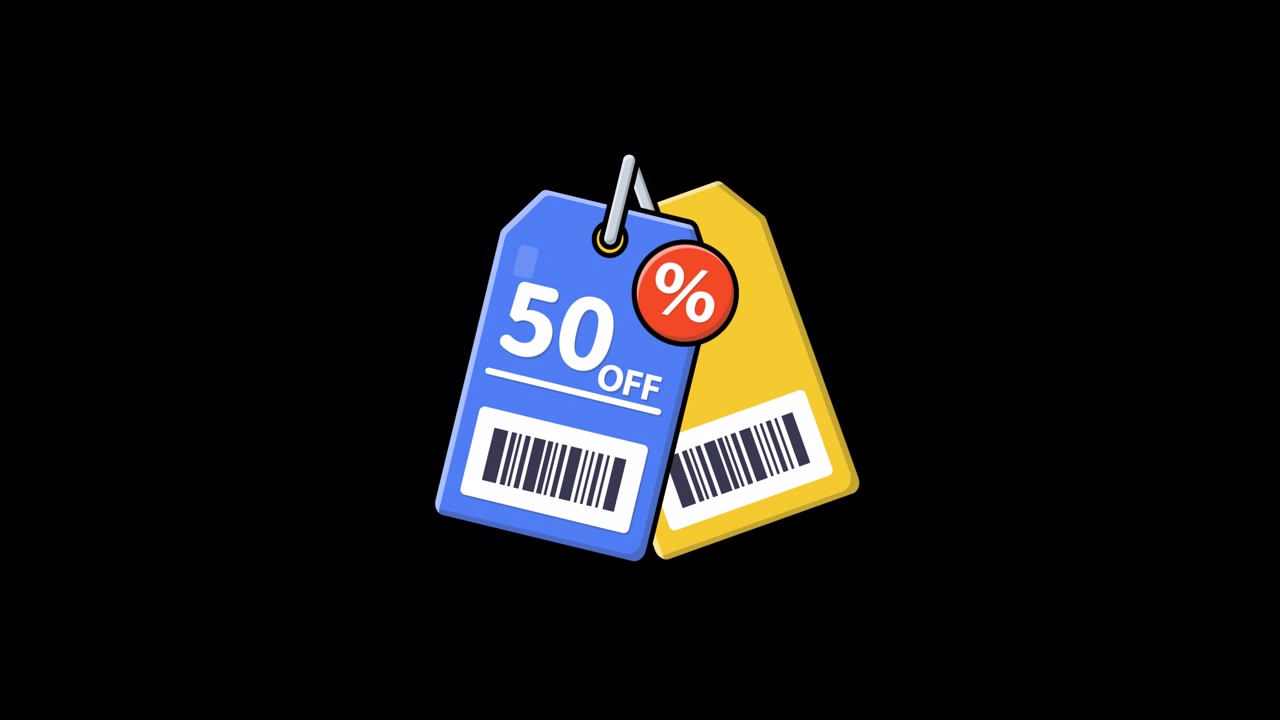 Etichette di prezzo animate con sconto del 50 percento su sfondo nero