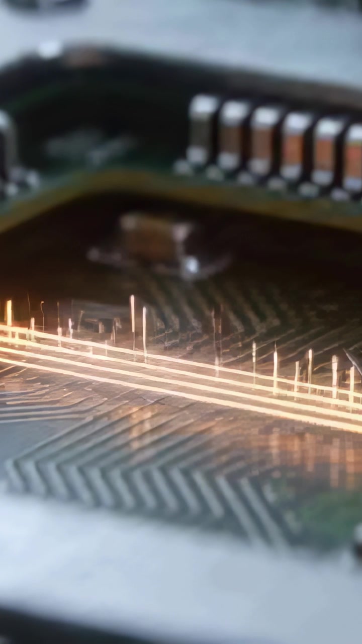 Vertical video: Glowing PCB trace running at start, causing light spikes moving over solder pads
