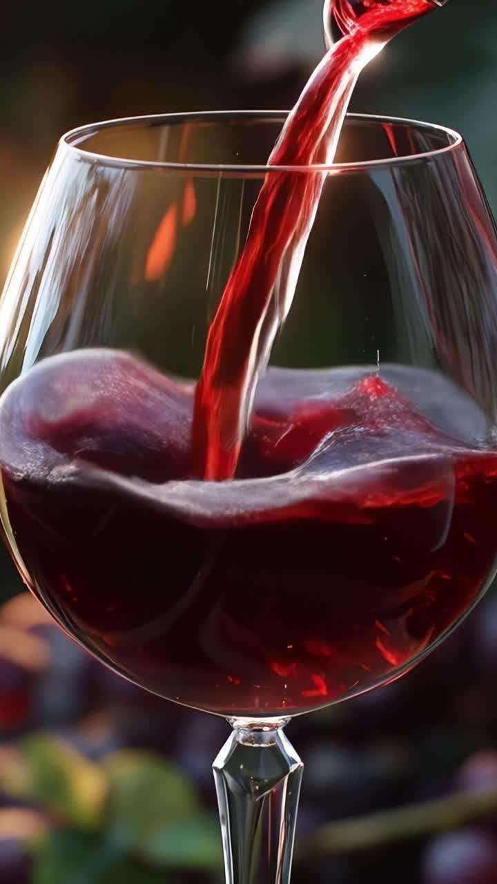 Momenti accattivanti di vino rosso versato in un bicchiere di cristallo, colori gloriosi rivelati in ogni fotogramma di deliziosa eleganza liquida e ricca texture.
