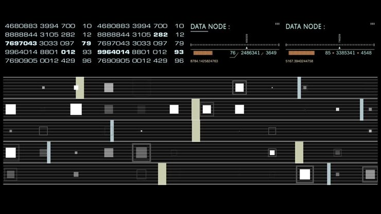 Futuristic source code digital data telemetry motion graphic display screen with user interface display for digital background computer desktop display screen