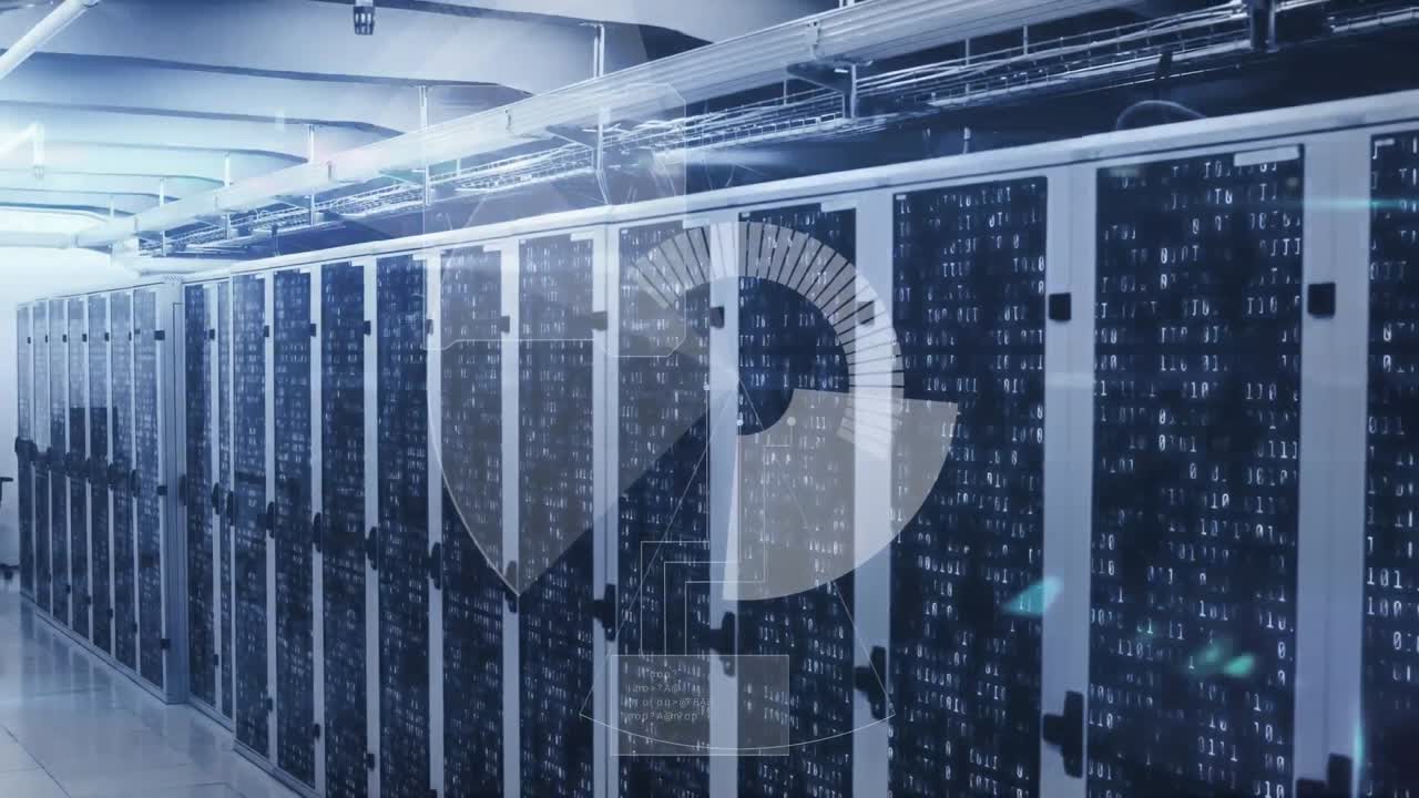 Animation of scope scanning and data processing over tech room with computer servers