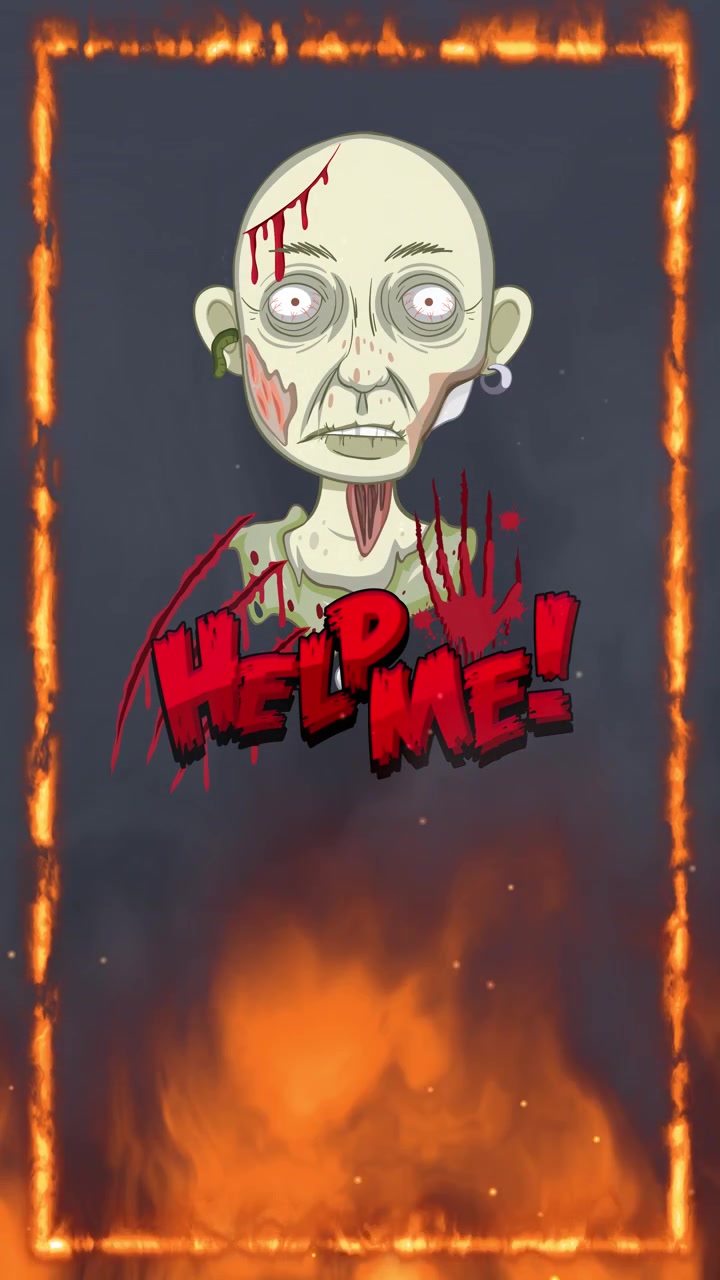 Animazione verticale di uno zombie a cartone animato con un bordo infuocato ed effetti di fumo che sale.