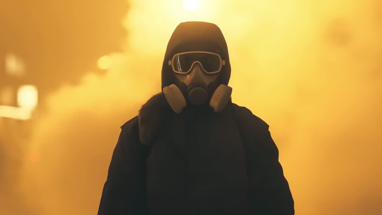 Person in gas mask amidst smoke