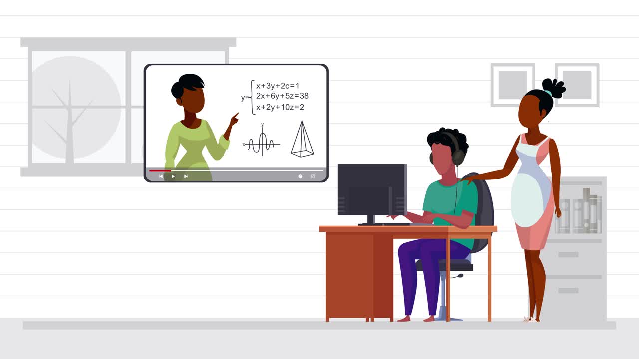 un niño negro que estudia en casa alentado por su madre alentando la educación en el hogar