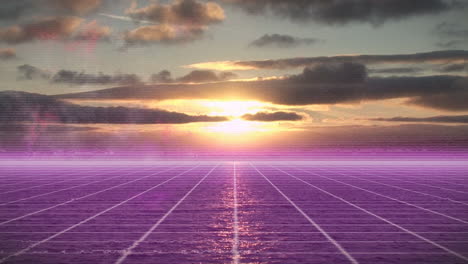animación de patrón de cuadrícula púrpura sobre el paisaje marítimo contra el cielo nublado durante la puesta del sol