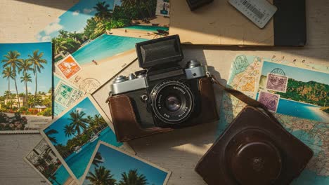 a vintage camera surrounded by tropical postcards and travel memorabilia captures the nostalgia of journeys through lush destinations and scenic views