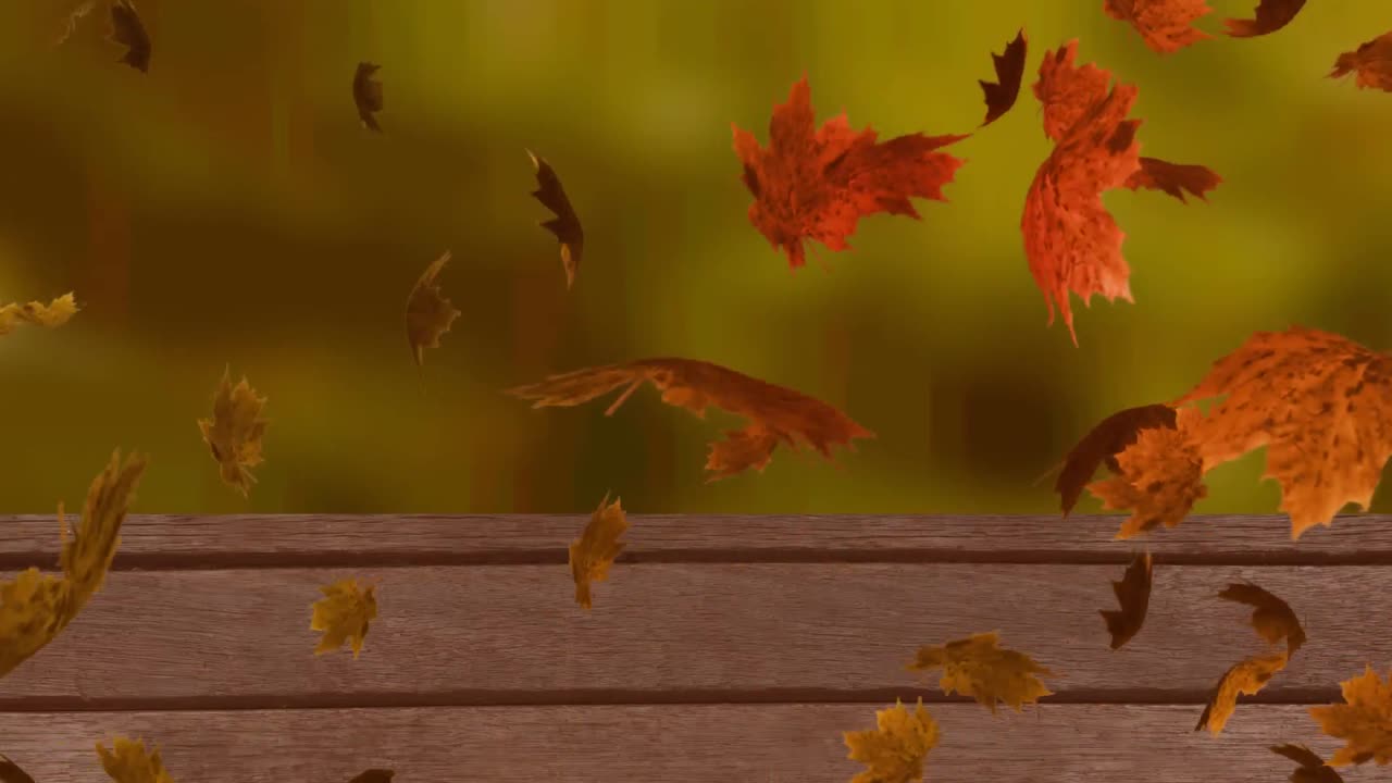 animación digital de múltiples hojas de otoño flotando sobre la superficie de madera contra el bosque