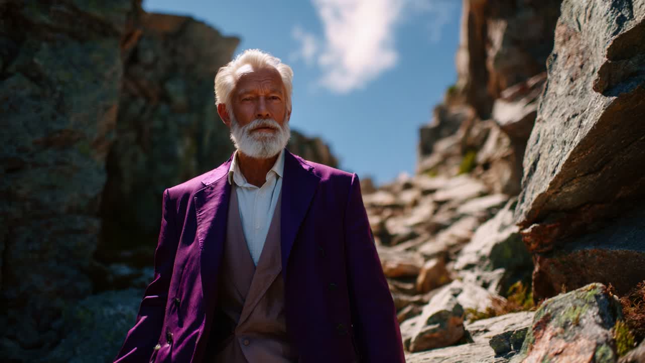 A Wise Elder in a Majestic Rocky Landscape, Embodying Strength and Experience Amidst Nature's Beauty Under a Bright Blue Sky with Fluffy White Clouds