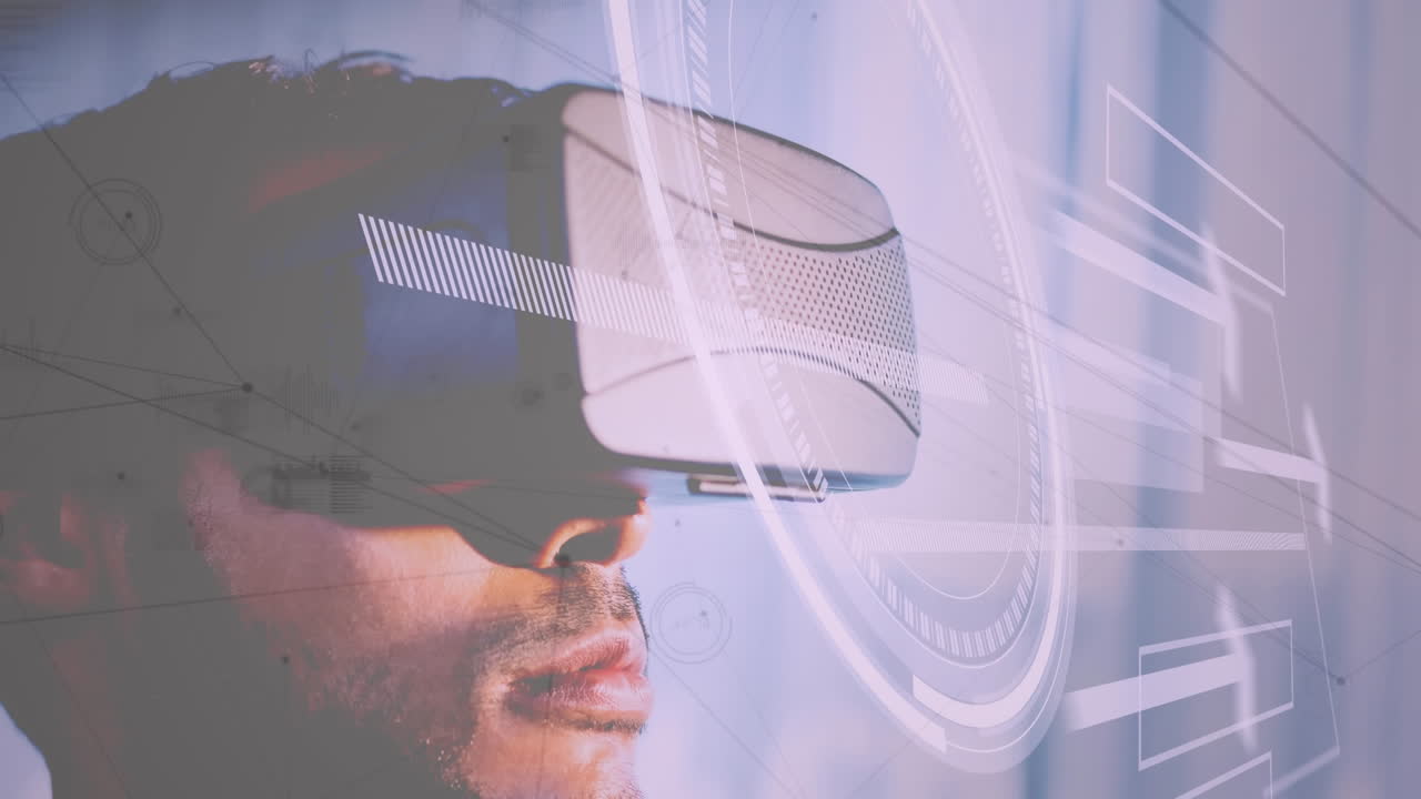 rete di connessioni e interfaccia digitale con elaborazione dei dati contro l'uomo che indossa l'auricolare