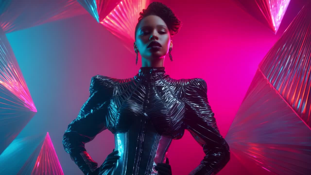 Un momento di moda sorprendente con una modella che indossa un abito futuristico lucido, che emana sicurezza ed eleganza sullo sfondo di vivaci forme astratte ed effetti di luce colorati