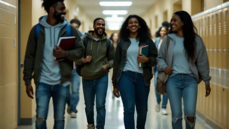 diverse college students walking in school hallway