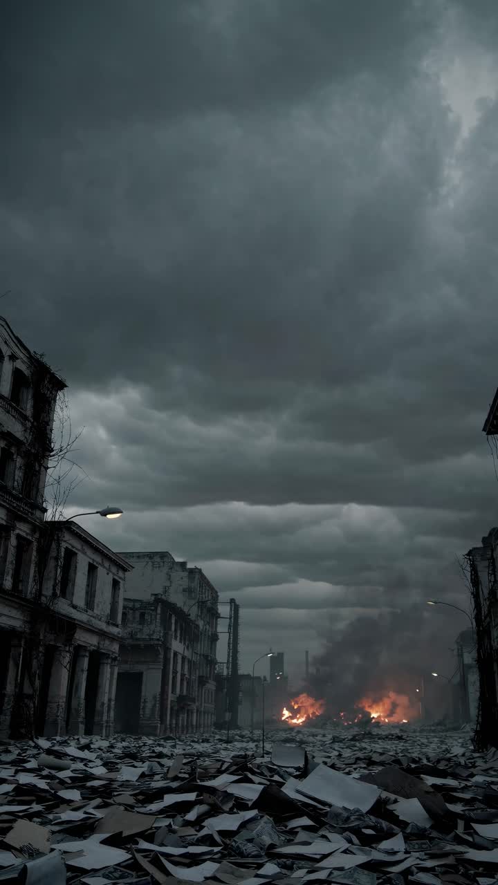 Una scena video drammatica, con angolazione dal basso, di un paesaggio urbano post-apocalittico, con nuvole scure e in lontananza