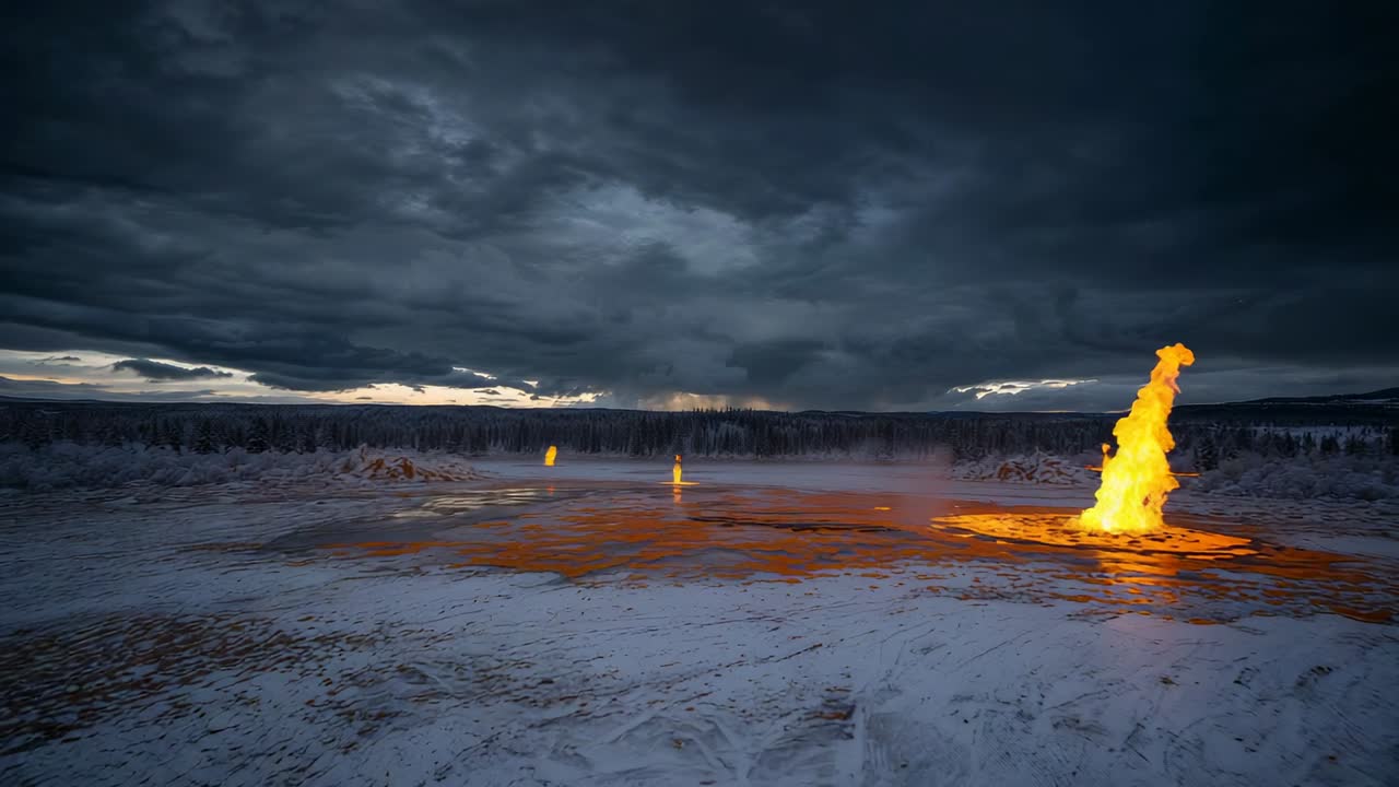 Camera panning snowfield, revealing three vents erupting orange flames under cloudy sky, copy space