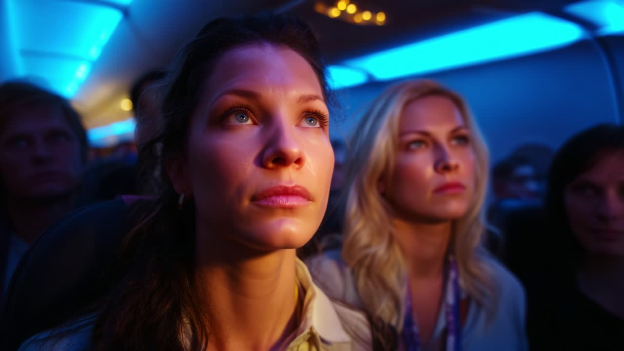 Passengers experiencing strong emotions inside an aircraft cabin during a flight, highlighted by the atmospheric lighting and their intense expressions, capturing the essence of human connection in shared moments