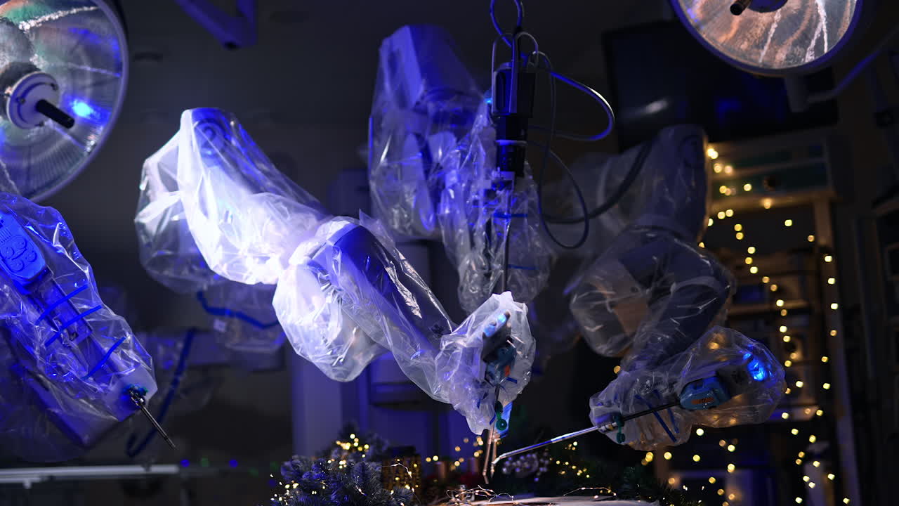 Moving robotic hands covered in plastic. Innovative equipment working in dark surgery room with Christmas decorations.