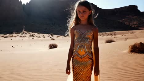 young girl in a golden mermaid costume in the desert