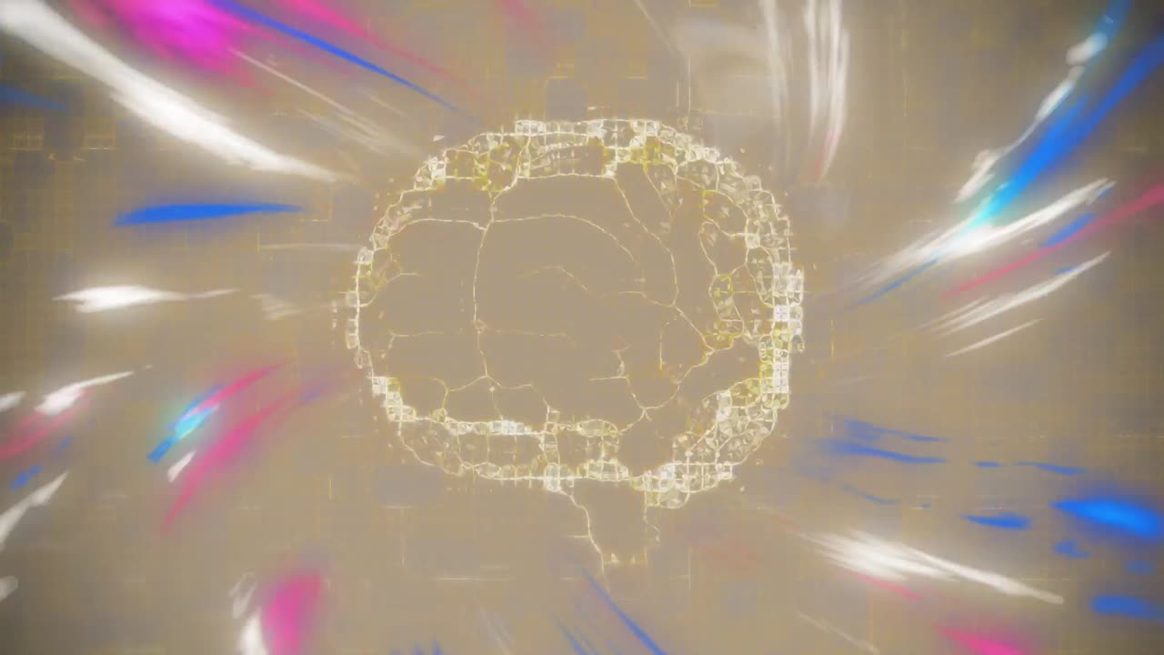 회색 배경에 회전하는 인간의 뇌 위의 디지털 파동의 애니메이션