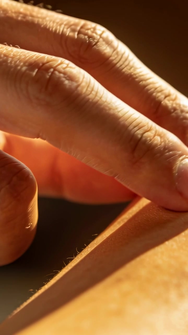 Vertical video: Hand tip nearing skin then palm stroking bare arm showing tiny hairs in warm light