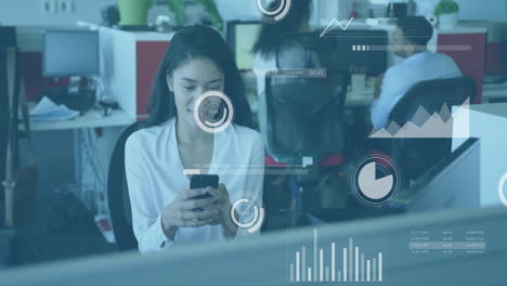 Animation-Der-Datenverarbeitung-Und-Diagramme-über-Einer-Kaukasischen-Geschäftsfrau,-Die-Ein-Smartphone-Verwendet