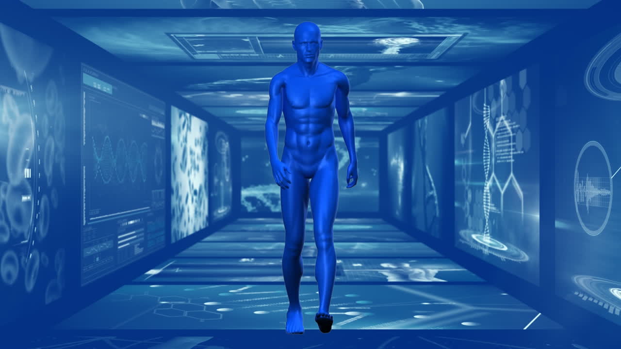 animación de un hombre en 3d caminando por el pasillo de la pantalla del científico