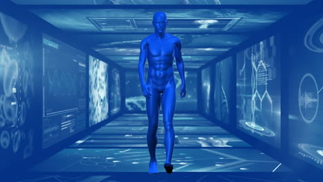 animación de un hombre en 3d caminando por el pasillo de la pantalla del científico