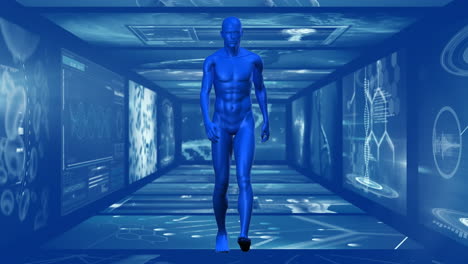 animation of 3d man walking hallway of scientist screen