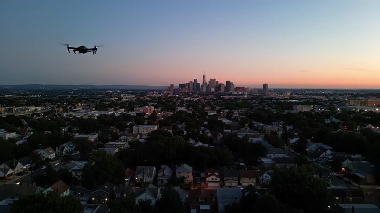 Vista de Drone de Área Suburbana com o Horizonte da Cidade ao Anoitecer.