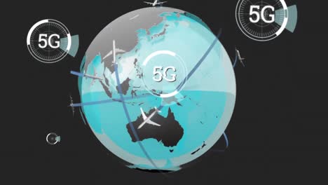 5g-Text-über-Mehreren-Runden-Scannern-Vor-Flugzeugsymbolen,-Die-Auf-Schwarzem-Hintergrund-über-Den-Globus-Fliegen