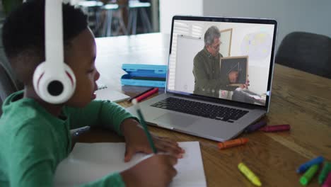 African-american-boy-sitting-at-desk-using-laptop-having-online-school-lesson