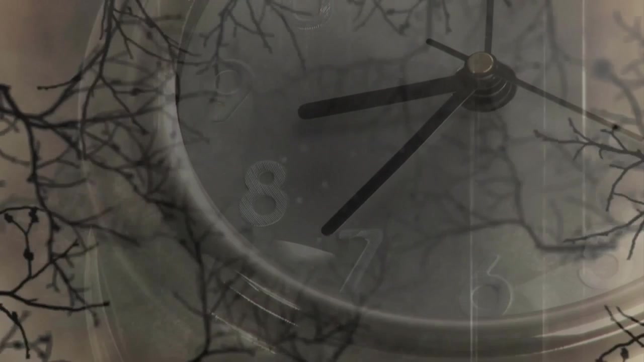 Orologio analogico d'argento con lancetta dei secondi che parte vicino all'otto, ticchettando per scandire il tempo su una sovrapposizione di rami.
