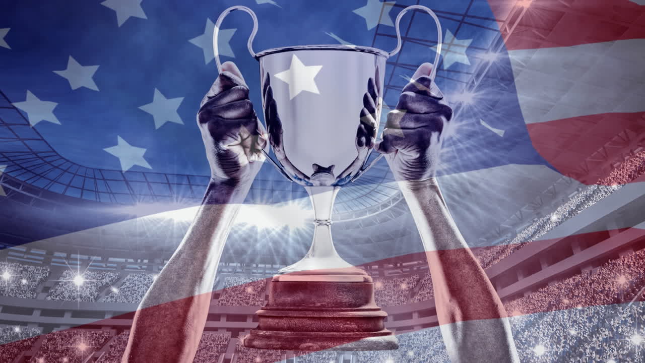 스타디움에서 트로피를 들어 올리는 선수의 디지털 애니메이션 4k