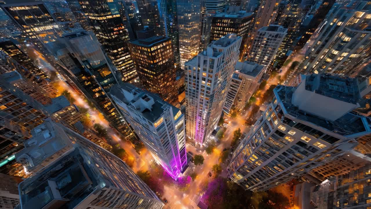 Captivating Aerial View of a Vibrant Urban Cityscape at Night, Showcasing Bright Lights and Skyscrapers Amidst a Lively Atmosphere in a Modern Metropolis