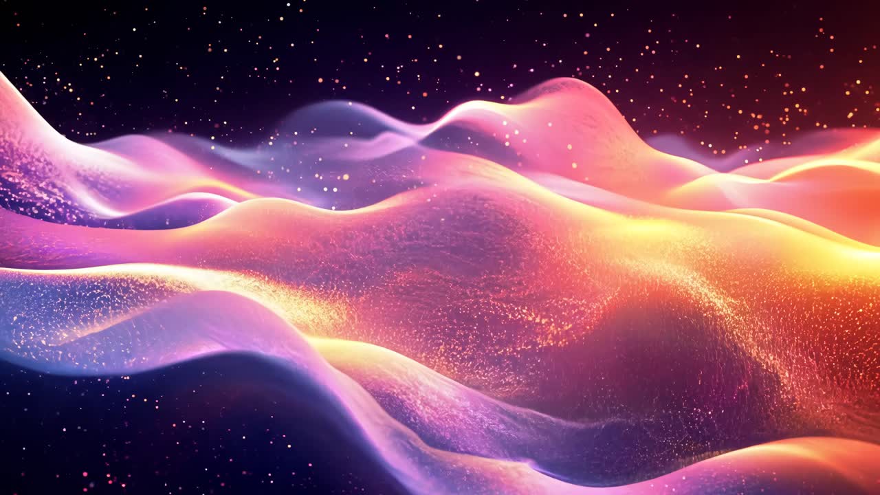 A colorful, abstract image of a landscape with purple, orange, and blue waves. The image has a dreamy, surreal quality to it, with the colors blending