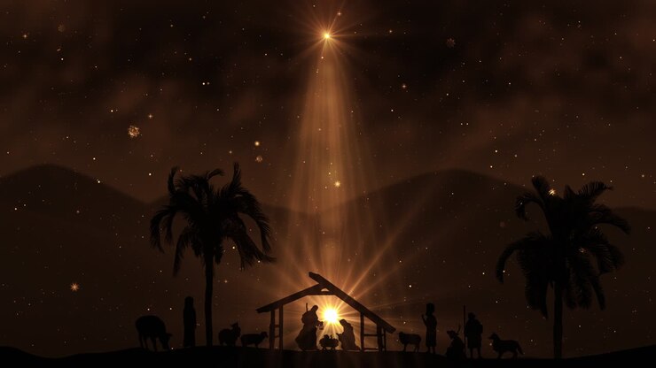 Christmas Nativity Scene animation with real animals and trees on golden