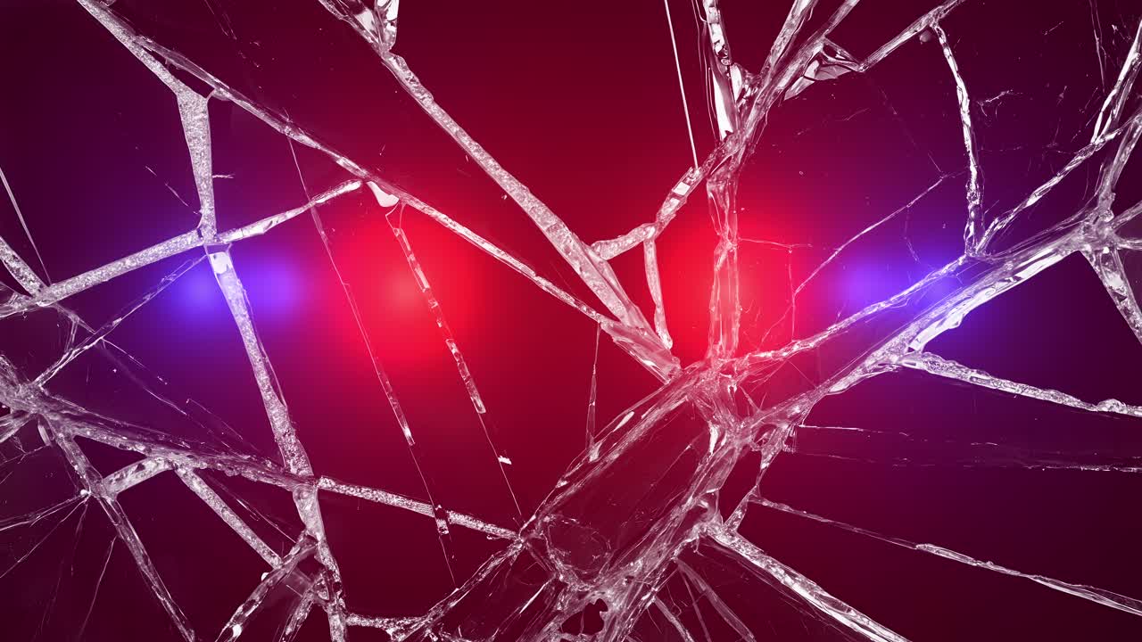 Broken glass with ambulance and police lights flashing. Shattered glass with pulsating red and blue ambulance and police lights. Abstract background for emergency, accident, danger, security concept