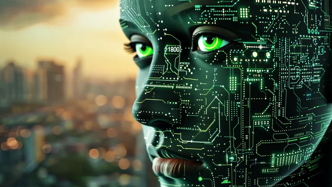 Futuristic AI Robot with Circuitry Face and Green Eyes