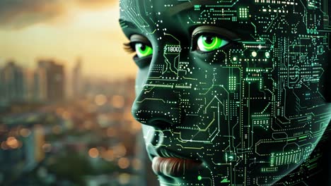 futuristic ai robot with circuitry face and green eyes