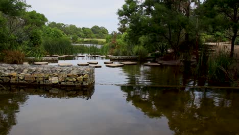 expansive view of landscaped garden with pond and stream with rock steps to cross.