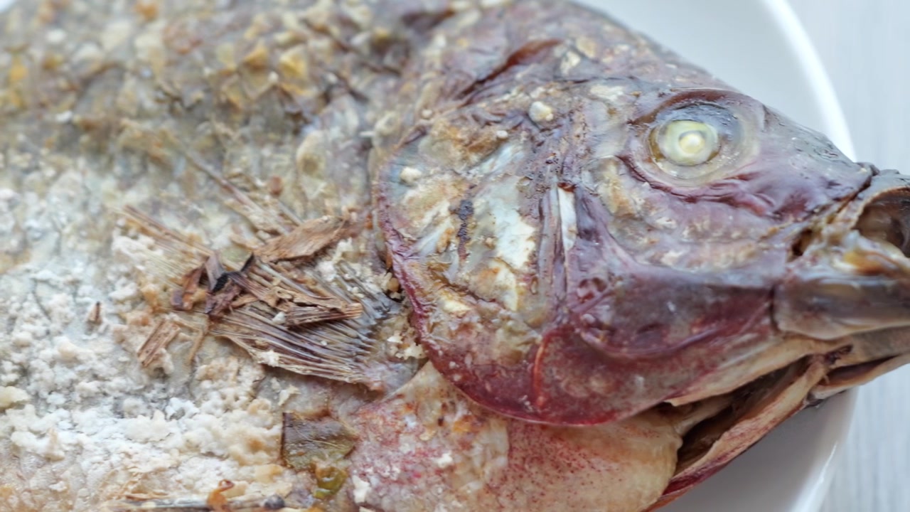 Dead Fish Covered With Salt and Ice, Rough Scales, Glassy Eye, Dried Skin Texture