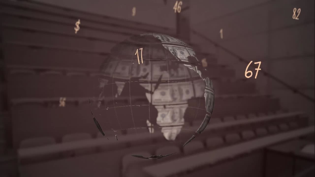 학교 계단에 대한 미국 달러로 만들어진 전 세계를 떠다니는 숫자의 디지털 구성