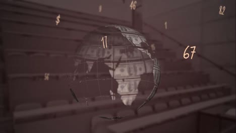 composición digital de números flotando sobre el globo hecho de dólares estadounidenses contra las escaleras de la escuela