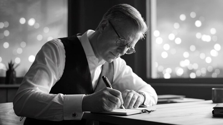 A focused individual writes thoughtfully in a notebook by a window, illuminated by warm lights, capturing a moment of inspiration and reflection.
