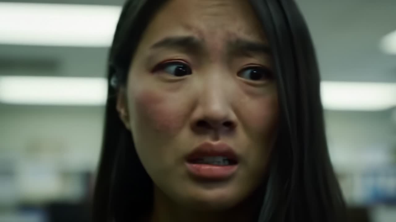 A woman displays a strong emotional reaction while surrounded by colleagues in a tense workplace environment. The moment captures her concern and distress.
