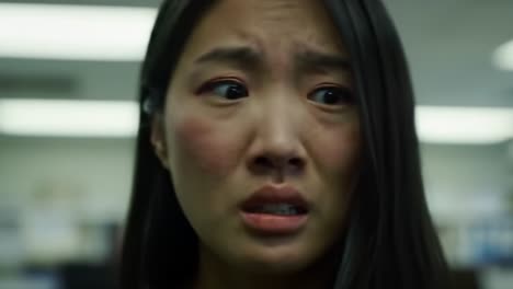 a woman displays a strong emotional reaction while surrounded by colleagues in a tense workplace environment. the moment captures her concern and distress.