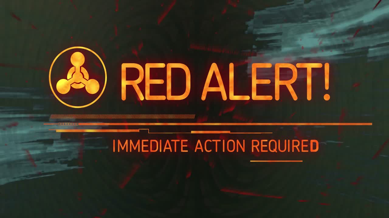 animación de texto de alerta roja y símbolo de arma química sobre rastros de luz azul con efecto de fallo