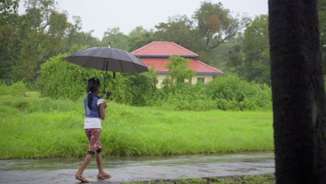 Kleines-Gir,-Das-Im-Regen-Mit-Regenschirm-Geht