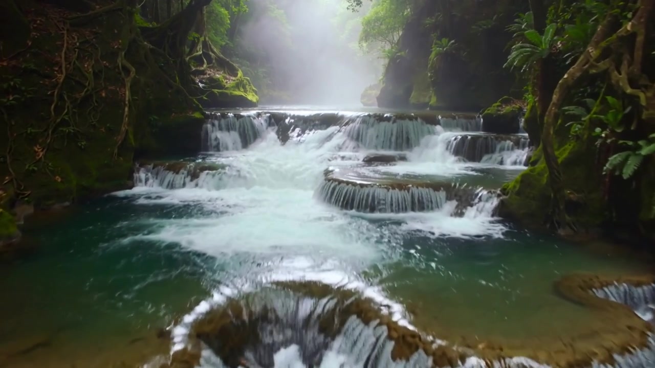 Cascata a più livelli che scende, alimentata da monte in una pozza turchese in una gola stretta, creando nebbia.